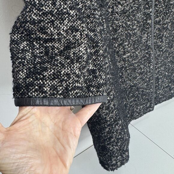 Eileen Fisher Tweed Coat Jacket Womens Wool Blend Leather Trim Long Lined Sz L - Picture 5 of 11